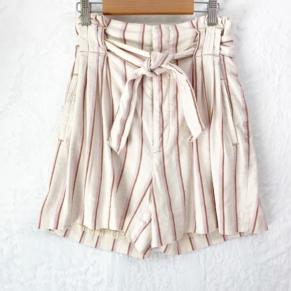 Anthropologie Edisto Paperbag-Waisted Linen Blend Striped Shorts Sz 2 - Picture 2 of 10
